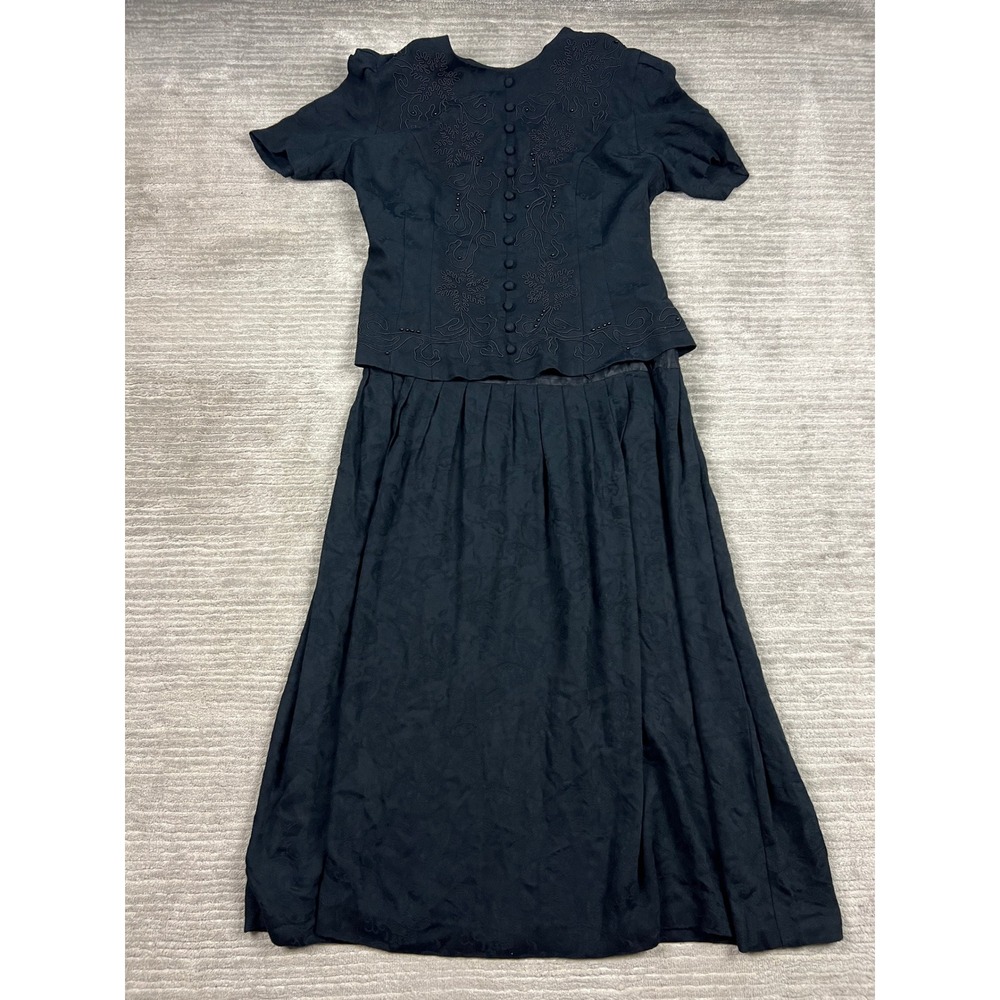 Karin Stevens Dress Women 12 Black Paisley Jacquard Soutache Beaded Vintage Midi